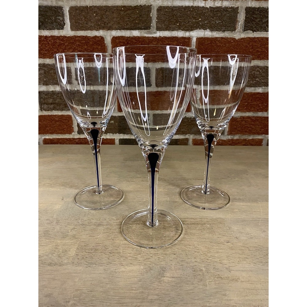 3 PIER 1 Hand-Blown Clear Water Wine Glasses Blue Tear Drop Stem Accent 8 5/8"